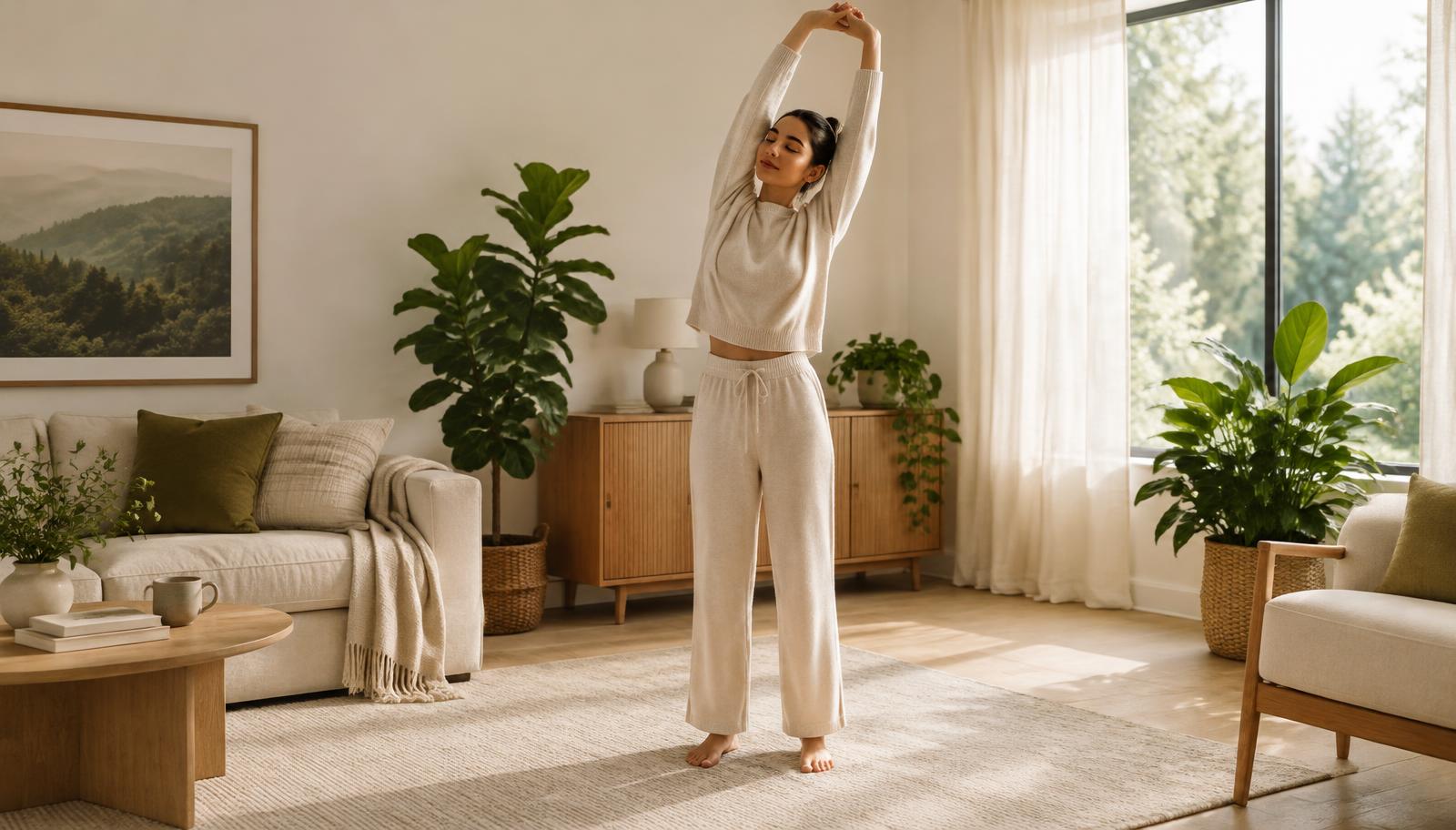 A beginner doing a gentle standing full body stretch at home.