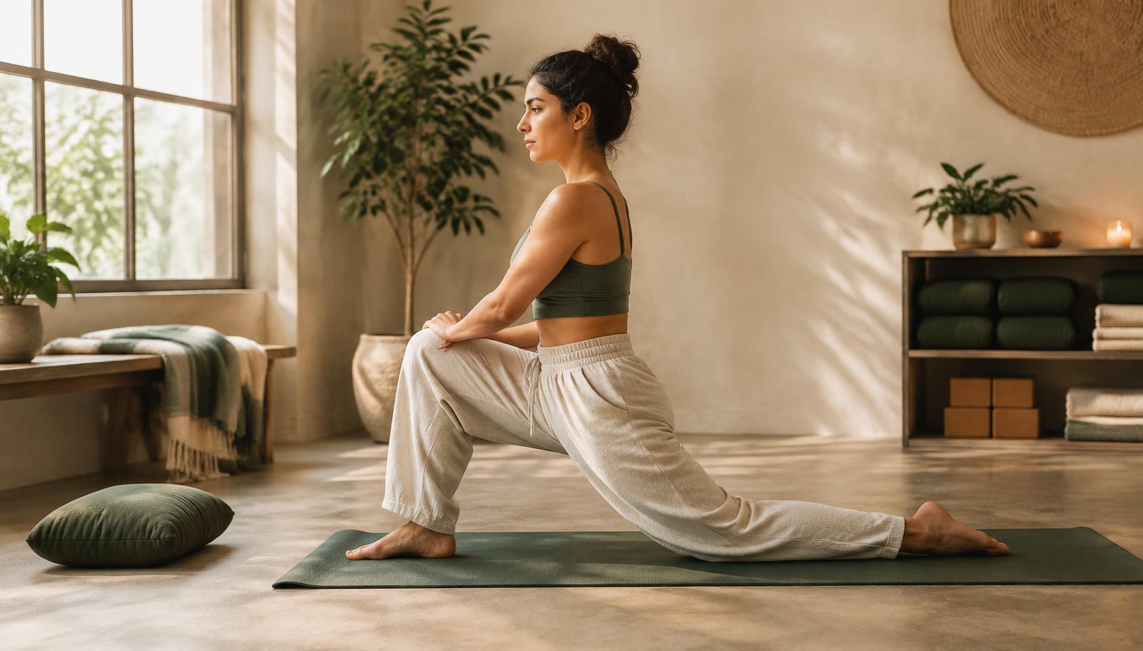 A gentle kneeling hip flexor stretch on a mat in a calm studio.