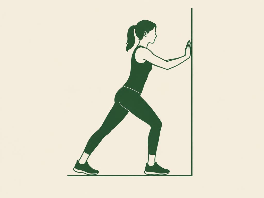 Illustration of a standing calf stretch against a wall.