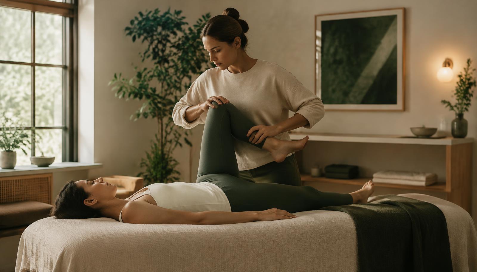 A practitioner gently guiding a client through an assisted leg stretch on a table.