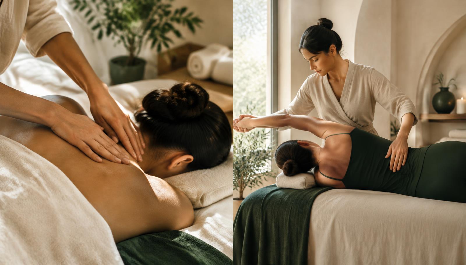 Side by side scenes of a massage and a guided assisted stretch session.