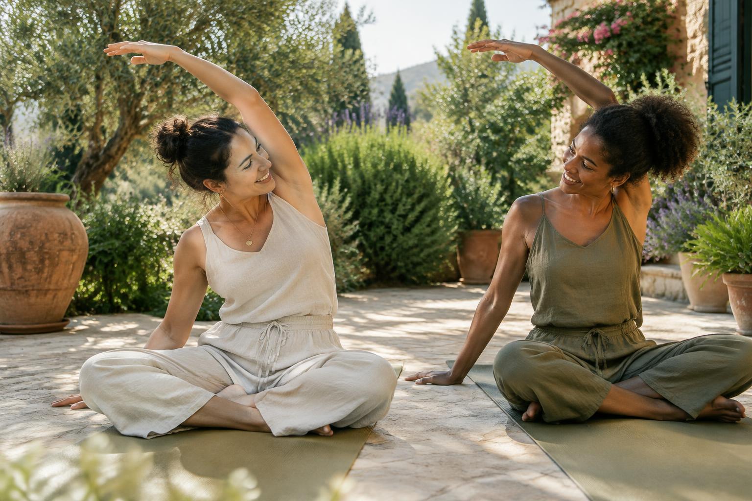 Two women sharing a gentle stretch in a sunlit garden